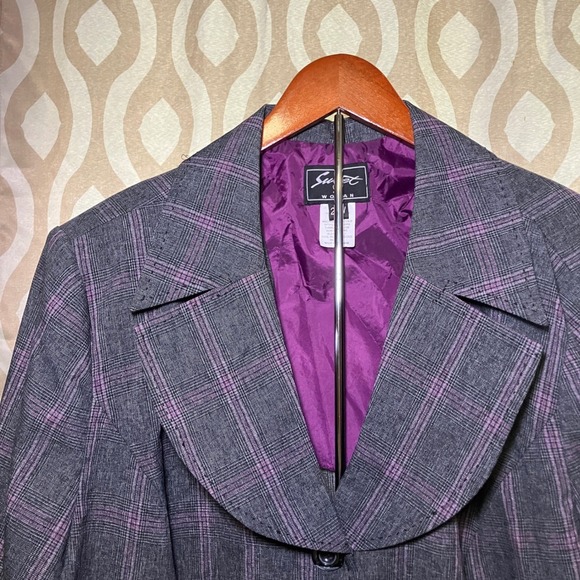 Sweet Suit Woman Plaid Blazer Gray Purple Unique Collar Career Jacket - Picture 4 of 6